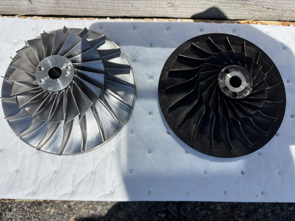 Fin fan impeller before and after dry ice blasting, carbon fouled and cleaned to parent metal